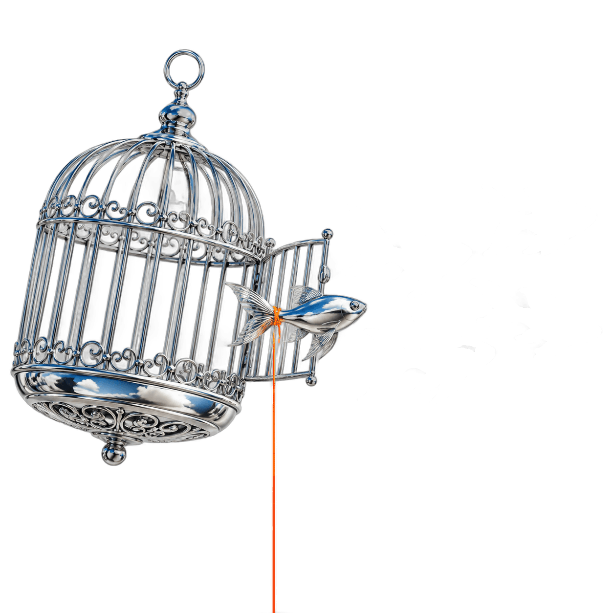 A chrome birdcage with its door open. Chrome fish swim out of it; orange threads catch four of the five and pull them back.