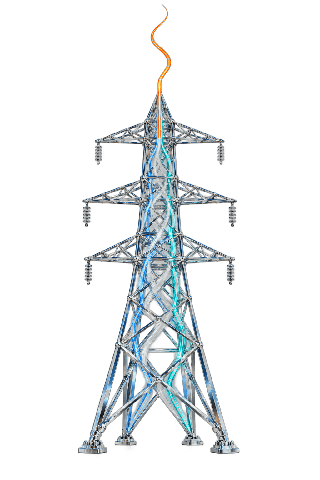 A chrome electricity pylon. Three thin lines wind up it and merge into a single orange wave at the top.