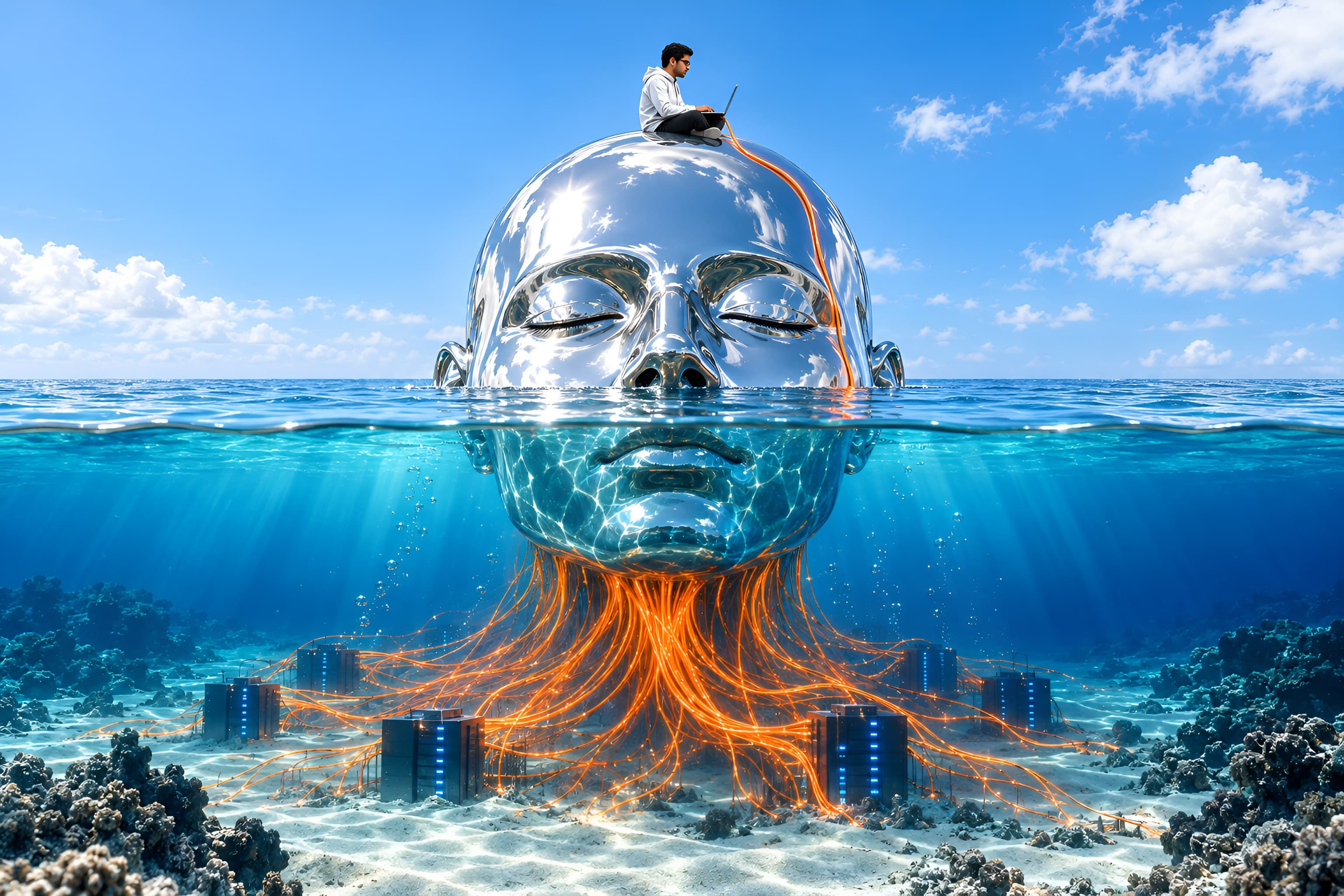 A giant chrome head rises out of a bright ocean with Vinay sitting on top of it, working on a laptop. Below the waterline the head becomes glowing orange cables that run down to servers on the seabed.