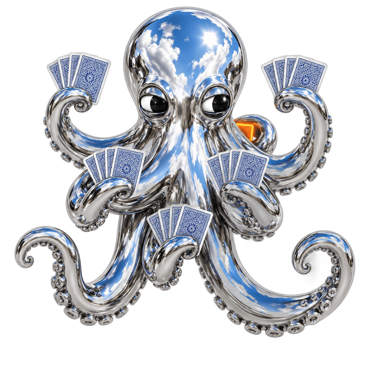 A chrome octopus playing poker with a hand of cards in five arms, hiding one glowing orange card behind its back.