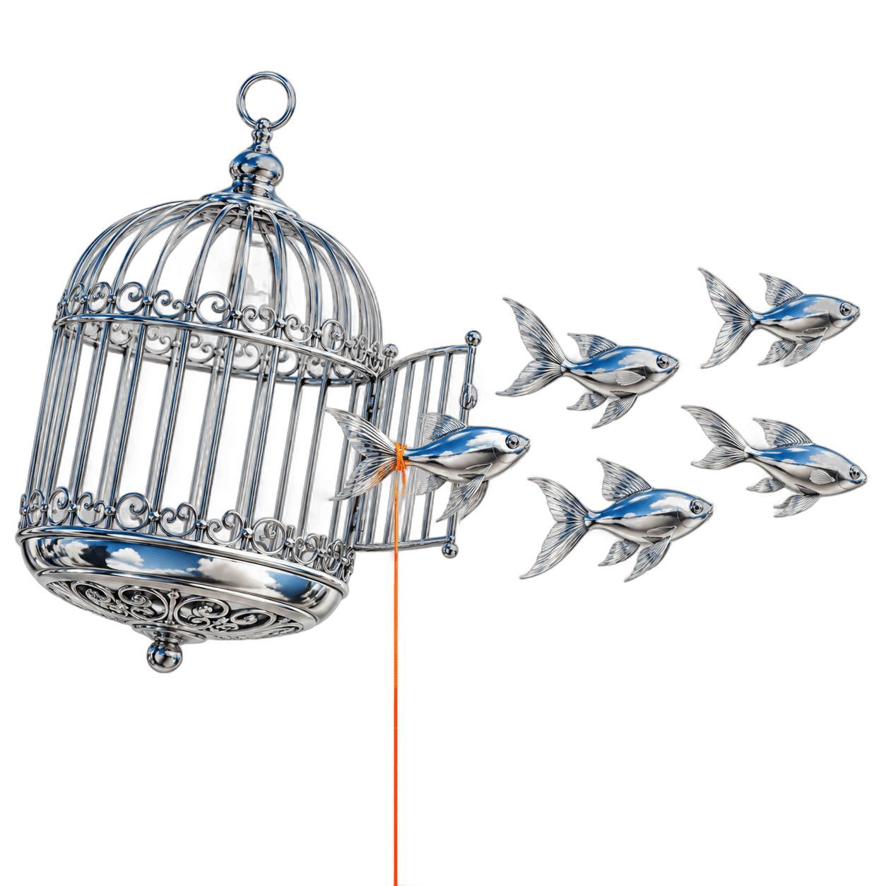 A chrome birdcage with its door open. Chrome fish swim out of it; one is held back by an orange thread.