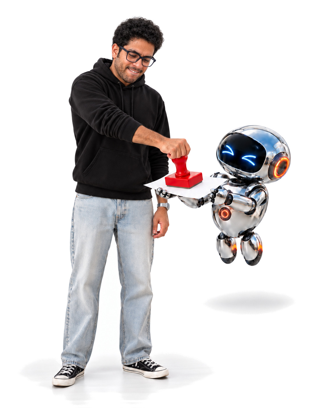 Vinay brings a red rubber stamp down on the robot’s paper.