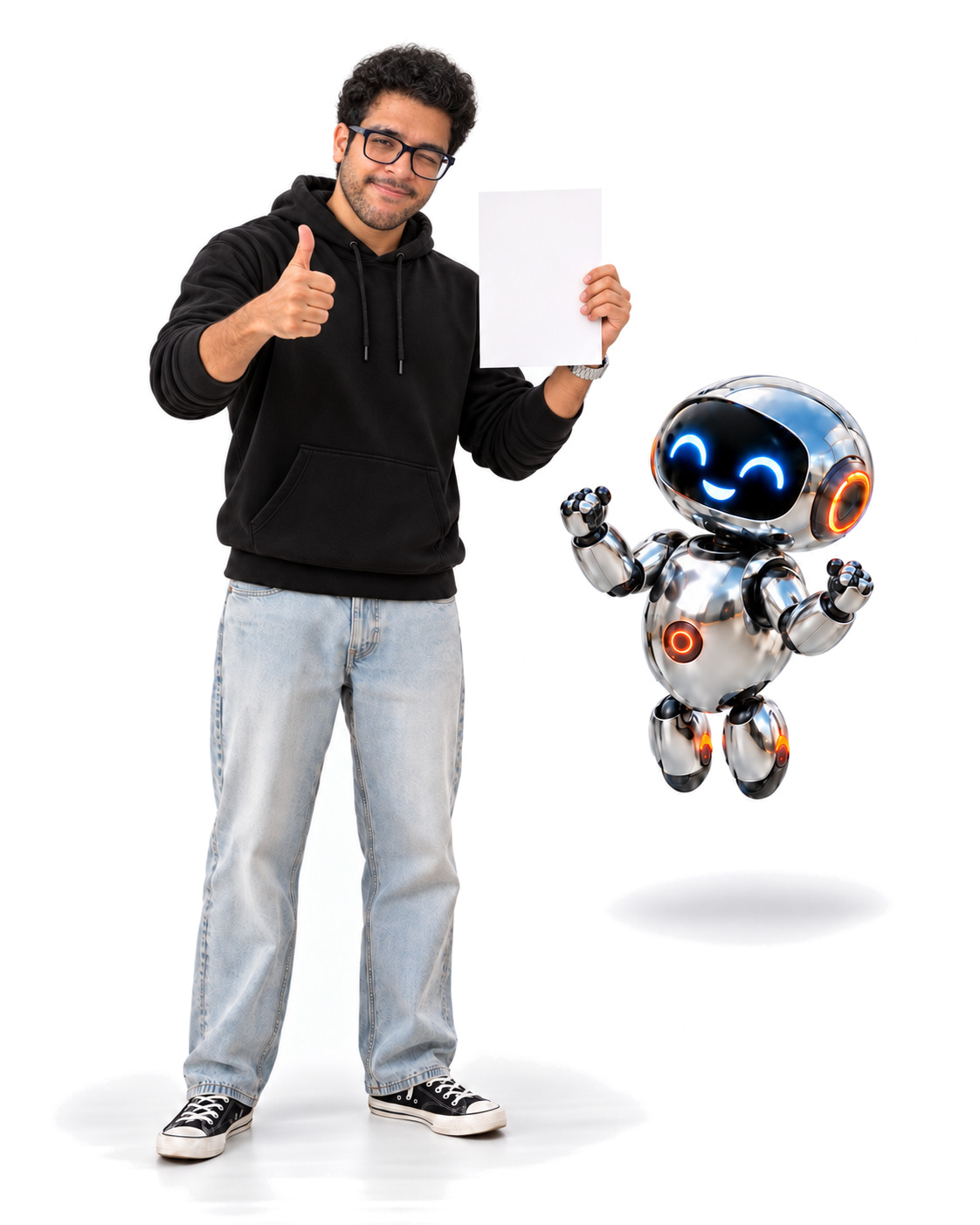 Vinay holds up a scorecard and gives a thumbs up; the robot cheers.