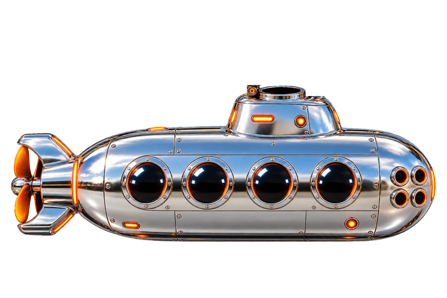 A chrome submarine at the surface. Vinay, in a white captain’s cap, looks out from its hatch, shading his eyes.
